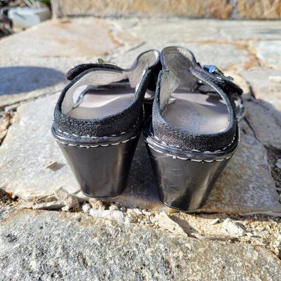 Alegria Black Leather Buckle Lara Pewter Slip On Wedge Heel Sandals Size 37 - Picture 7 of 11